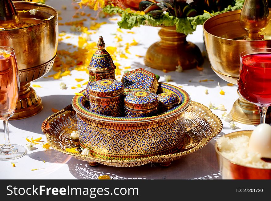 Thai style food containers use in holy ceremony. Thai style food containers use in holy ceremony.