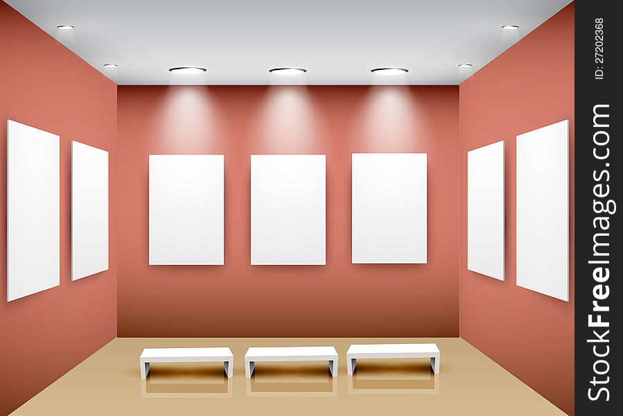 Gallery Interior with frames on red wall