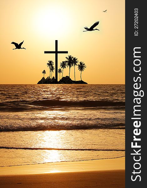 Majestic & heavenly seascape in the evening with island and a cross in the horizon. The evening sky is brightly lit by the setting sun with birds flying. The water waves are reflecting the sunlight. Majestic & heavenly seascape in the evening with island and a cross in the horizon. The evening sky is brightly lit by the setting sun with birds flying. The water waves are reflecting the sunlight