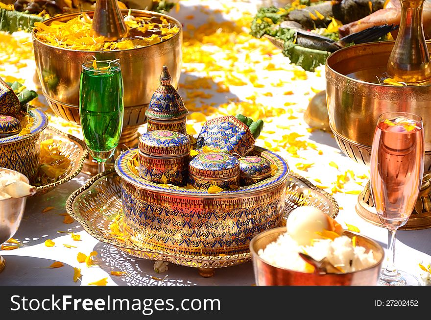 Thai style food containers use in holy ceremony. Thai style food containers use in holy ceremony.
