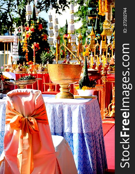Table set of holy water bowl in marquee ceremony. Table set of holy water bowl in marquee ceremony.