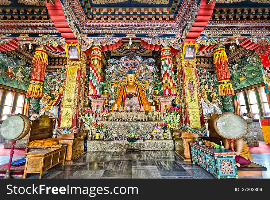 Buddhist temple, Butanese art, in Bodghaya, India. Buddhist temple, Butanese art, in Bodghaya, India