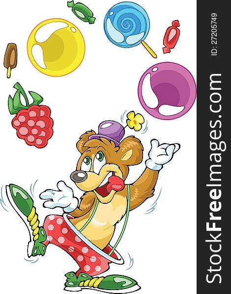 The illustration shows cheerful bear in a clown wearing a hat and boots.. He juggles sweets. Illustration done in cartoon style on separate layers. The illustration shows cheerful bear in a clown wearing a hat and boots.. He juggles sweets. Illustration done in cartoon style on separate layers.