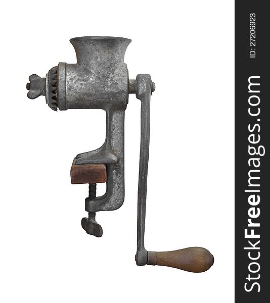 Vintage hand cranked gray metal meat grinder. Isolated on white. Vintage hand cranked gray metal meat grinder. Isolated on white.