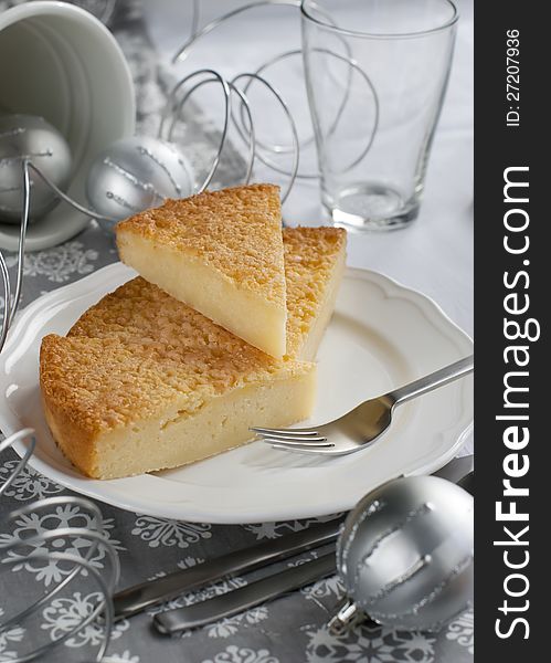 Gentle Pieces Pie from Semolina on the Decorated Christmas Table. Gentle Pieces Pie from Semolina on the Decorated Christmas Table