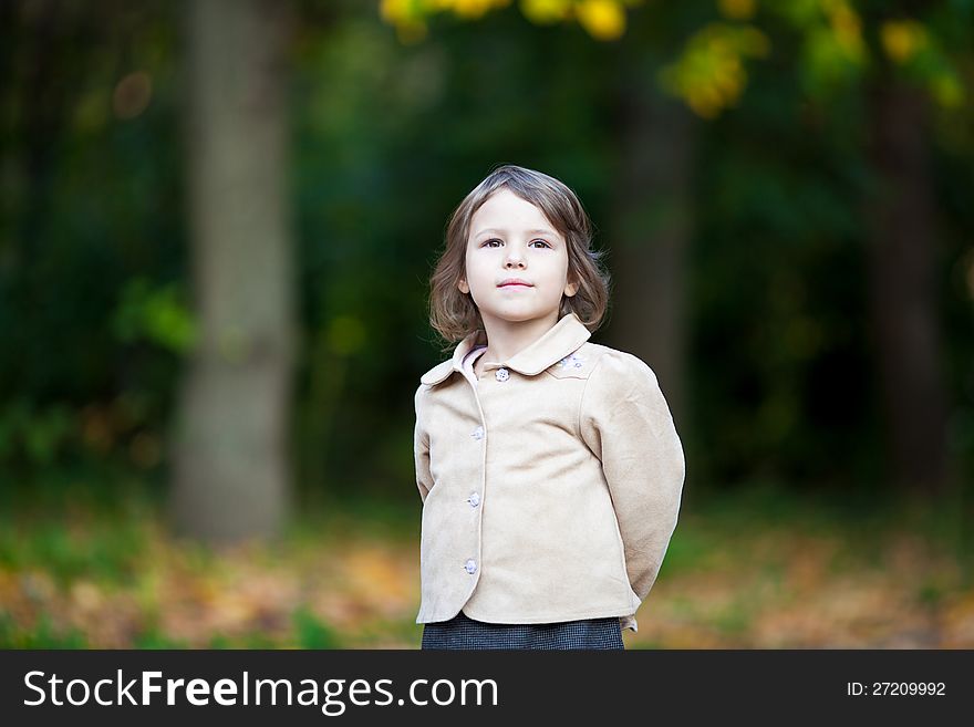 Small girl outdoor in the park with yellow leaves. Small girl outdoor in the park with yellow leaves