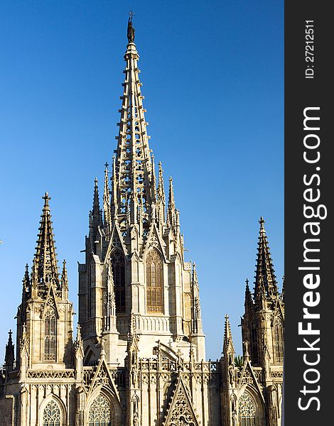 Cathedral of the Holy Cross and Saint Eulalia, Barcelona, Spain, with a clear blue sky. Cathedral of the Holy Cross and Saint Eulalia, Barcelona, Spain, with a clear blue sky