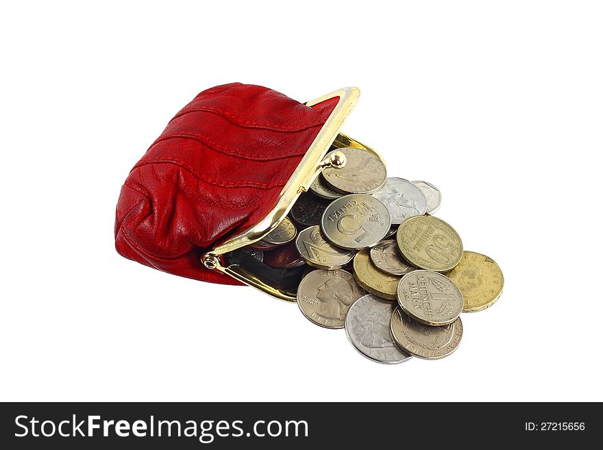 Red purse with change coins isolated on white. Red purse with change coins isolated on white