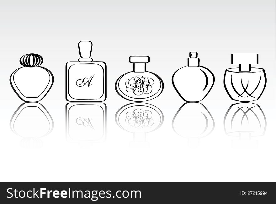 Set of black and white perfume bottles with reflection. Set of black and white perfume bottles with reflection