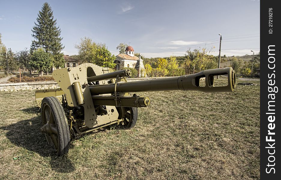 Old artillery cannon war in the center of the Bulgarian village Chakali. Old artillery cannon war in the center of the Bulgarian village Chakali