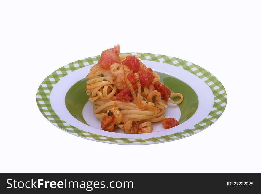 Pasta dish with shrimps on a white background