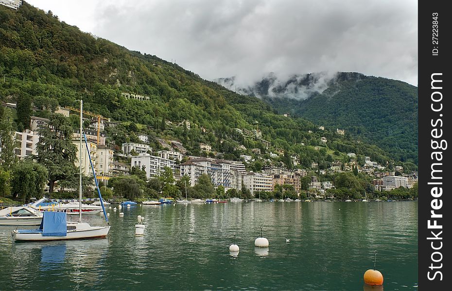 Yachts parked in small town of Montreux on Lake Geneva. Switzerland. Yachts parked in small town of Montreux on Lake Geneva. Switzerland