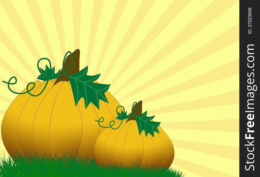 Pumpkins background on grass, vector illustration