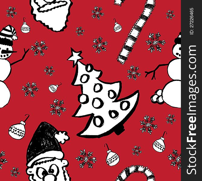Hand drawn Christmas pattern with snow flakes, ornaments, santa, candy cane, snowflake, and Christmas Tree. Hand drawn Christmas pattern with snow flakes, ornaments, santa, candy cane, snowflake, and Christmas Tree