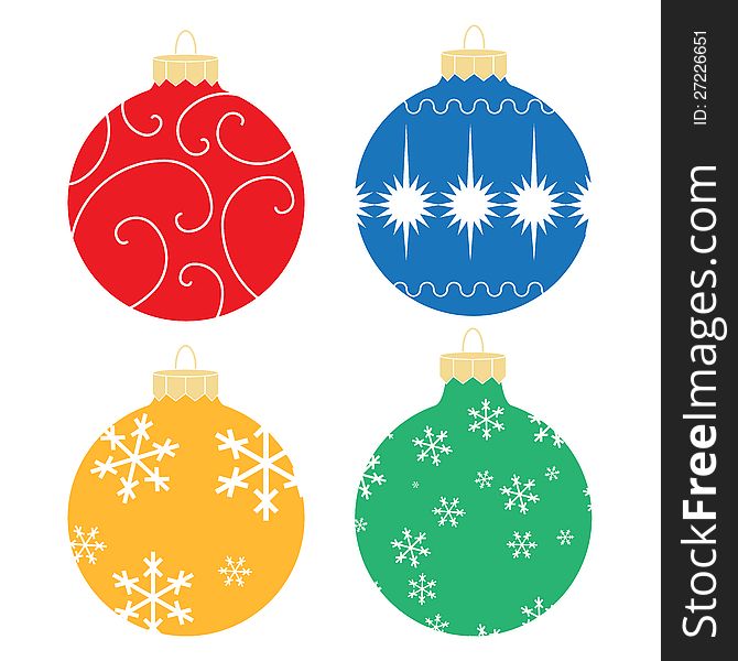 Illustrated Christmas ornaments featuring various patterns and styles.