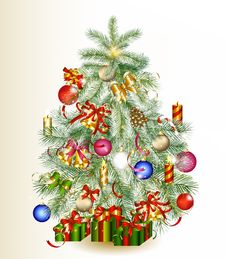 Christmas Tree Decorated By Gifts And Baubles Stock Photography