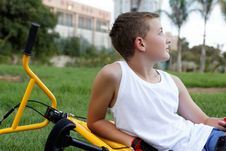 Boy With A Bicycle Outside Stock Image Boy With A Bicycle Outside Stock Image