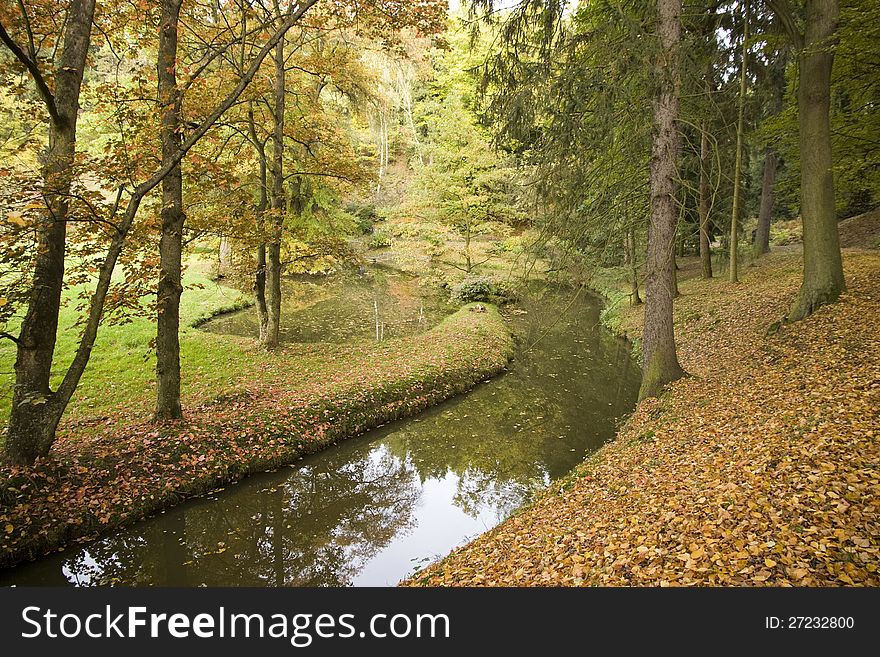 Brook in autumn forest with fallen leaves on the ground. Brook in autumn forest with fallen leaves on the ground