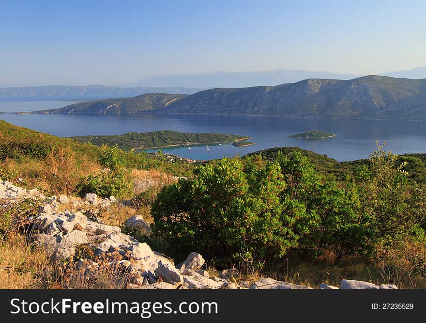 Korcula island in the Adriatic Sea, in the Dubrovnik-Neretva County of Croatia. It lies just off the Dalmatian coast. View from a small road near Kneza.