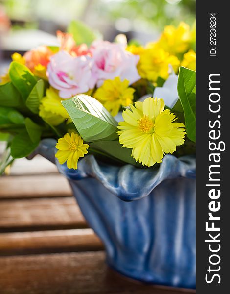 Yellow mexican daisy in blue ceramic vase