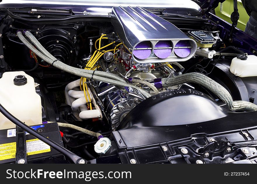 A modified engine of a muscle car