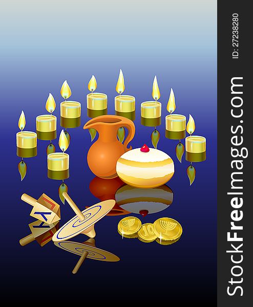 Hanukkah background with candles, donuts, oil pitcher and spinning top