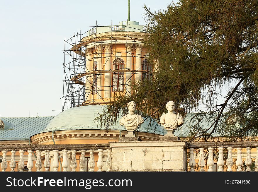 Scaffolding for the repair of the old mansion. Scaffolding for the repair of the old mansion