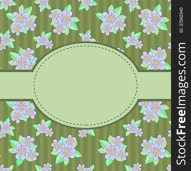 Dark green striped background with blue flowers and oval label. Dark green striped background with blue flowers and oval label