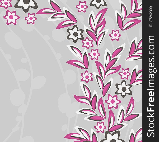 Gray abstract background with pink flowers and leaves