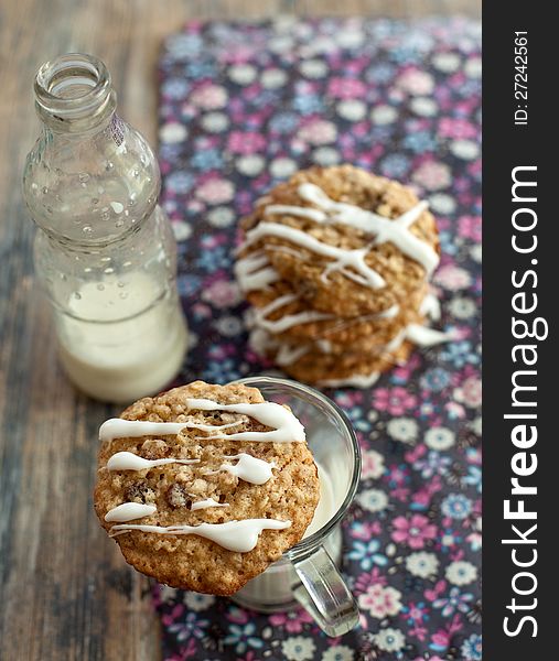 Oat cookies with a glass of milk. Oat cookies with a glass of milk