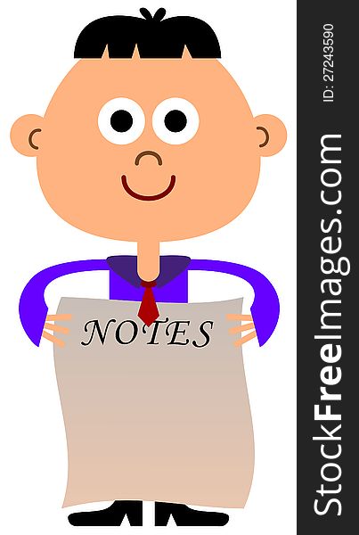 An illustration of a business man holding a paper with the word notes on top. An illustration of a business man holding a paper with the word notes on top