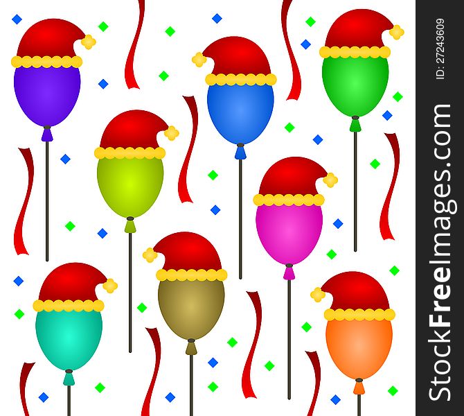 A group of Christmas balloons with assorted colors wearing Santa Claus hats