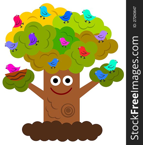 A cartoon illustration of a cute and happy tree with different birds