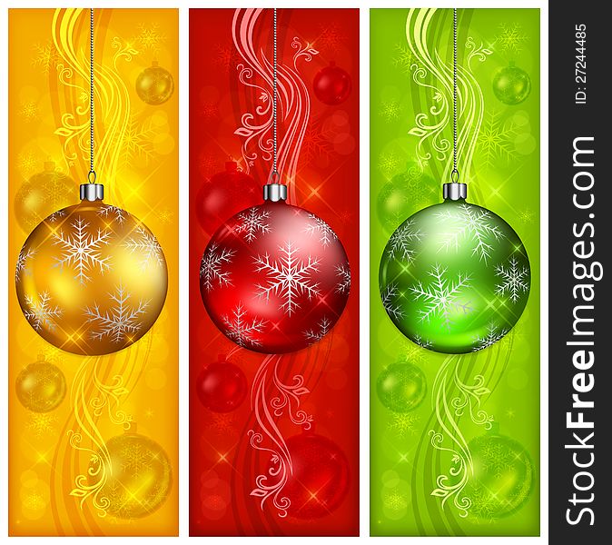 Christmas balls on three color floral background, vector illustration. Christmas balls on three color floral background, vector illustration