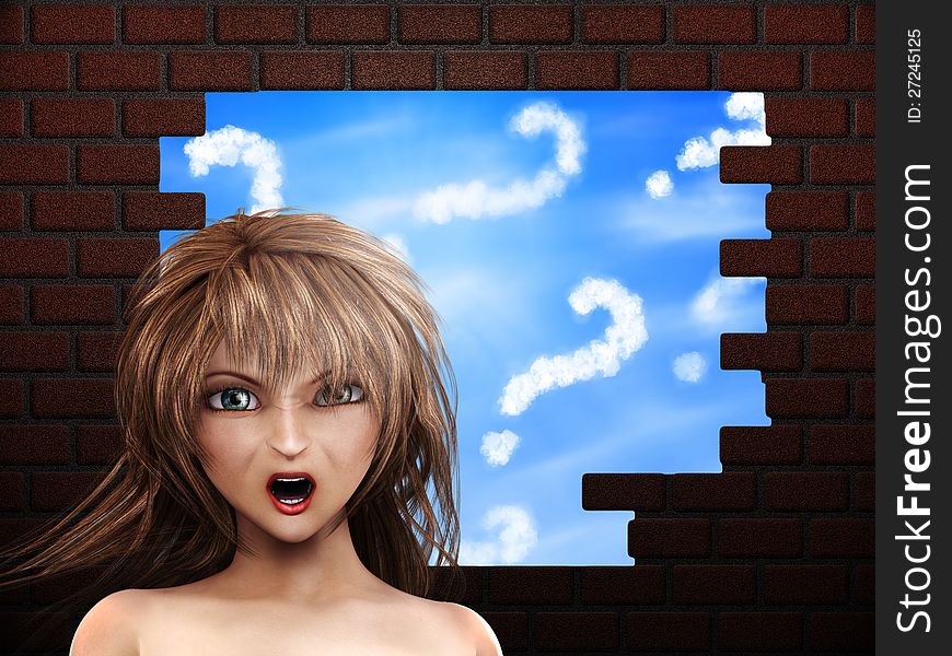 Illustration of a girl and cloud question marks at hole in brick wall. Illustration of a girl and cloud question marks at hole in brick wall.