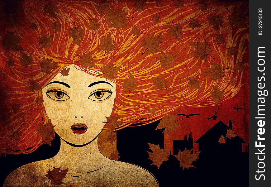 Illustration of girl with red hair, city and maple leaves background. Illustration of girl with red hair, city and maple leaves background.