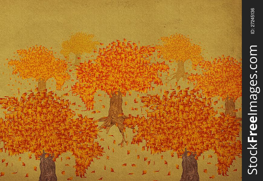 Grunge illustration of autumn trees on paper background.