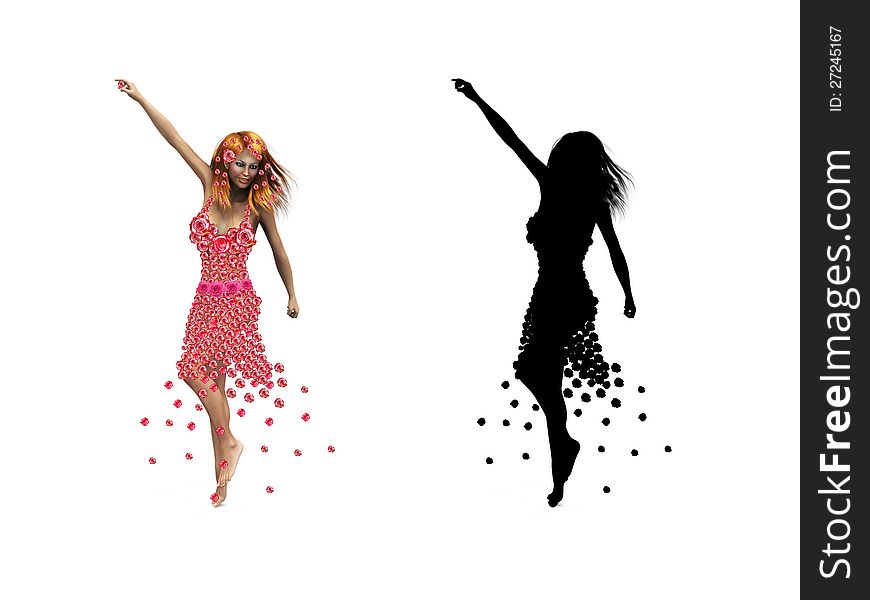 Illustration of happy 3d girl in dress of flower. Illustration of happy 3d girl in dress of flower.