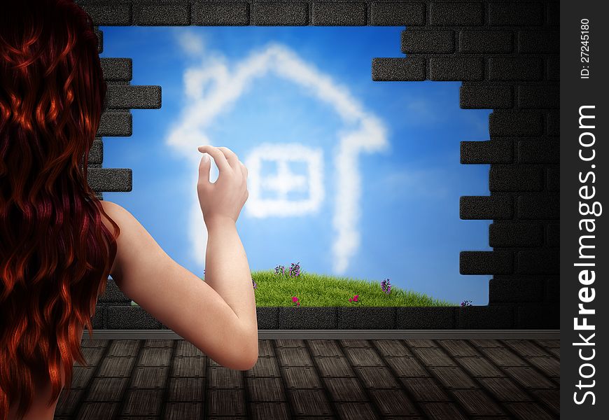 Abstract illustration of broken wall, house of clouds and girl. Abstract illustration of broken wall, house of clouds and girl.