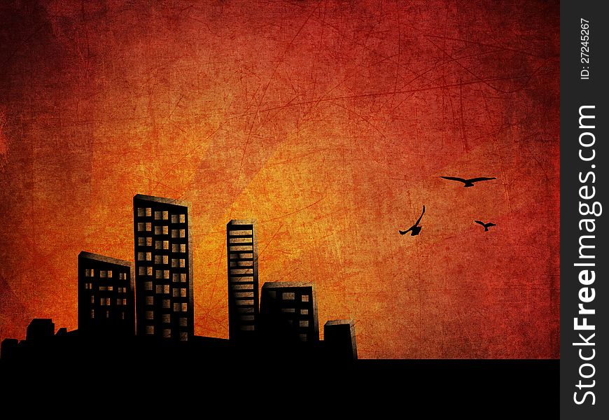 Grunge illustration of abstract city at sunset background. Grunge illustration of abstract city at sunset background.