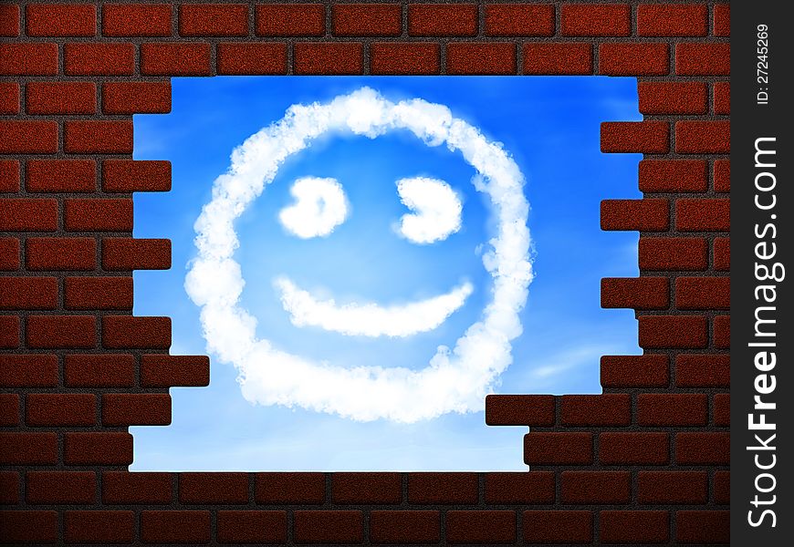 Illustration of smile cloud sign in hole in brick wall. Illustration of smile cloud sign in hole in brick wall.