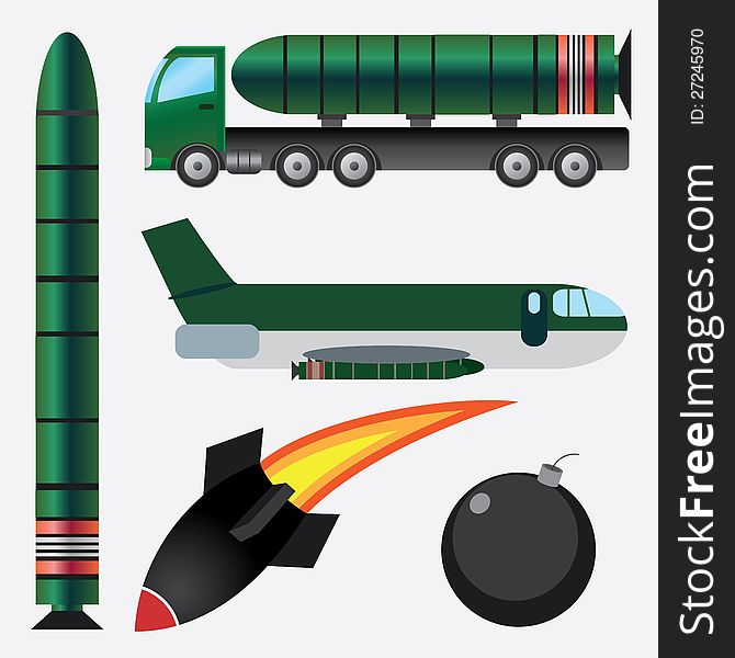 Set of bombs and missiles on the white background. Set of bombs and missiles on the white background.