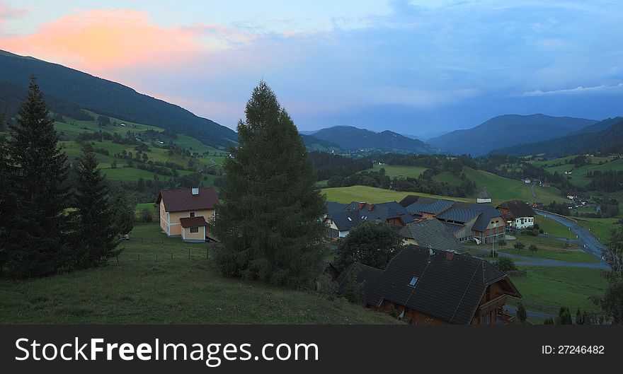 Little hamlet in the mountains in the morning before sunrise. Little hamlet in the mountains in the morning before sunrise