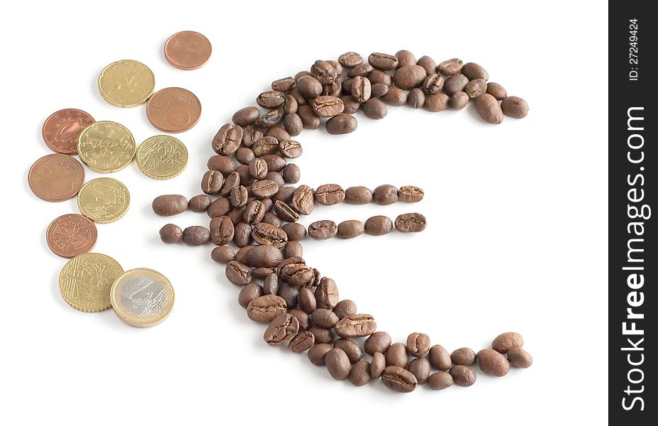 Euro symbol composed from coffee beans and euro co