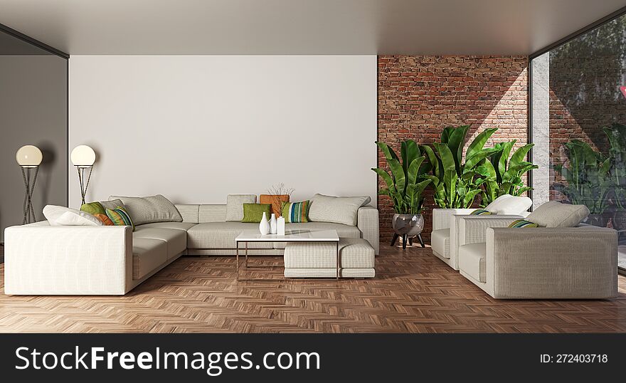 Illustration 3D Rendering Large Luxury Modern Bright Interiors Living Room Mockup Computer Digitally Generated Image