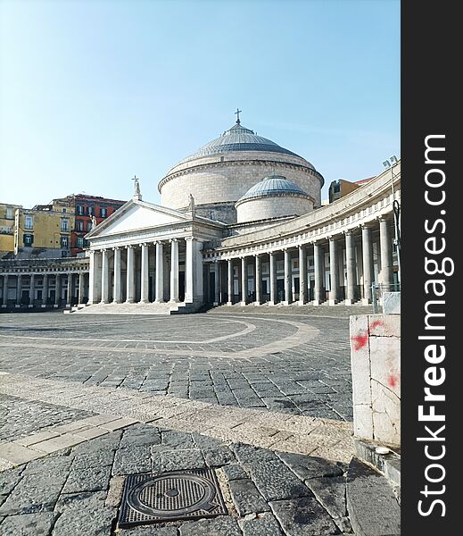 View of a detail of Piazza Plebiscito in Naples at dawn on a spring morning