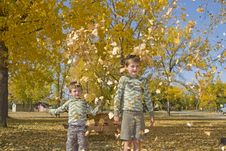 Two Little Boys Throw Colorful Leaves In Air Stock Photo Two Little Boys Throw Colorful Leaves In Air Stock Photo