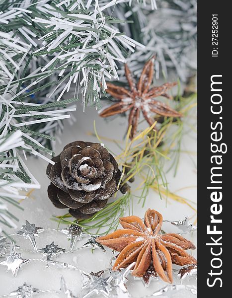 Christmas decorations, pine cones and star anise