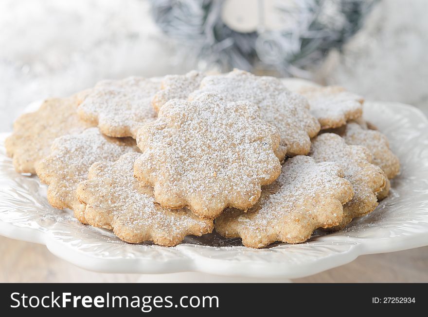 Christmas gingerbread cookies decorated with icing sugar horizontal