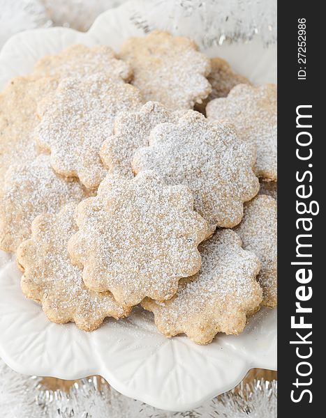 Christmas gingerbread cookies decorated with icing sugar